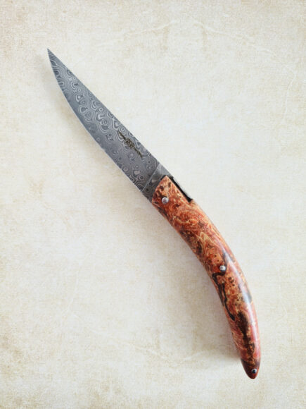 Stylver luxury pocket knife, damascus, red ash burl